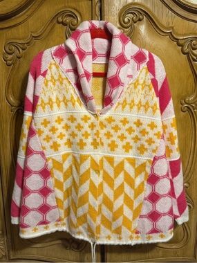 Pink & Yellow Patterned Shawl Collar Women's Sweater